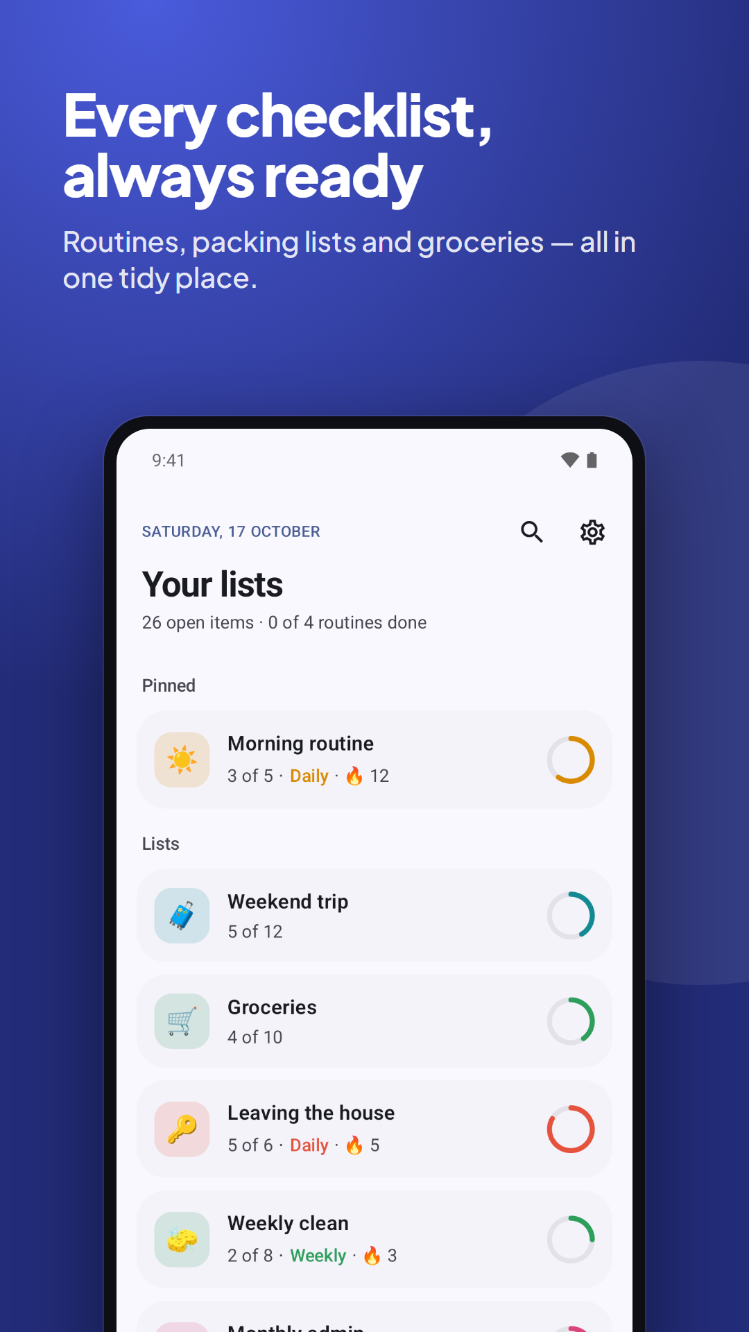 All your checklists with progress and streaks
