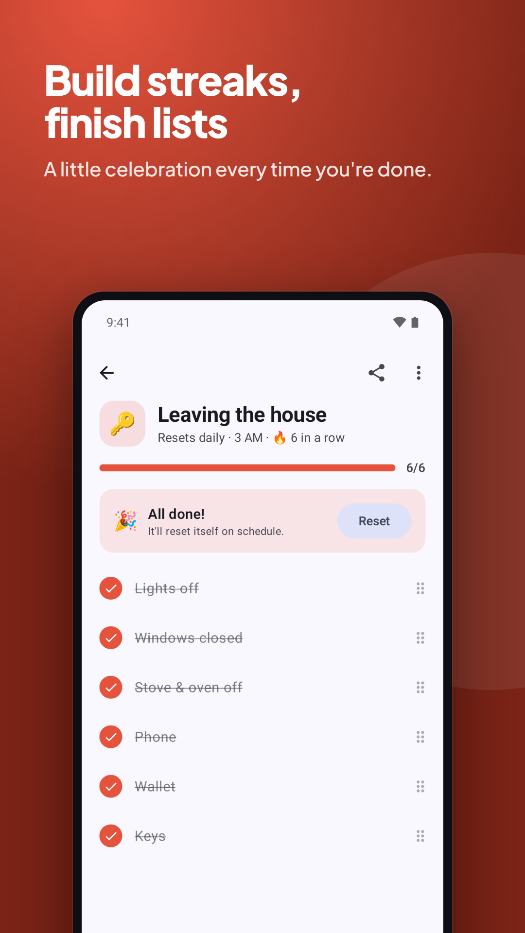 A finished checklist with a streak